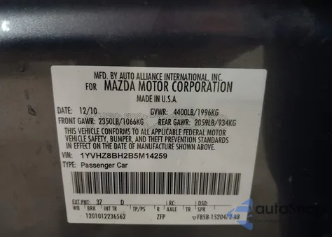 2011 Mazda Mazda6 I Sport z USA, uszkodzony, nr VIN 1YVHZ8BH2B5M14259